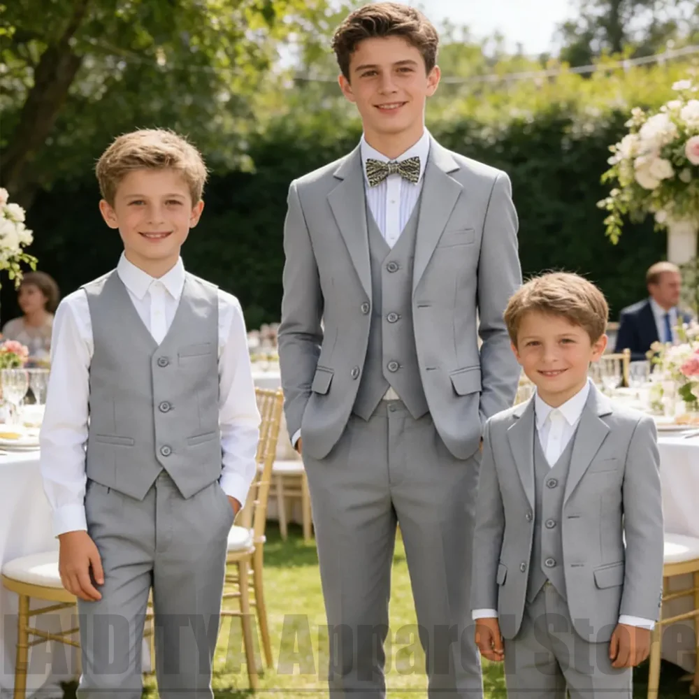 Boys Grey 3 Piece Suit Jacket Vest Pants Kids Page Boy Tuxedo Gentleman Outfit For Wedding Birthday Party Communion Formal Suits