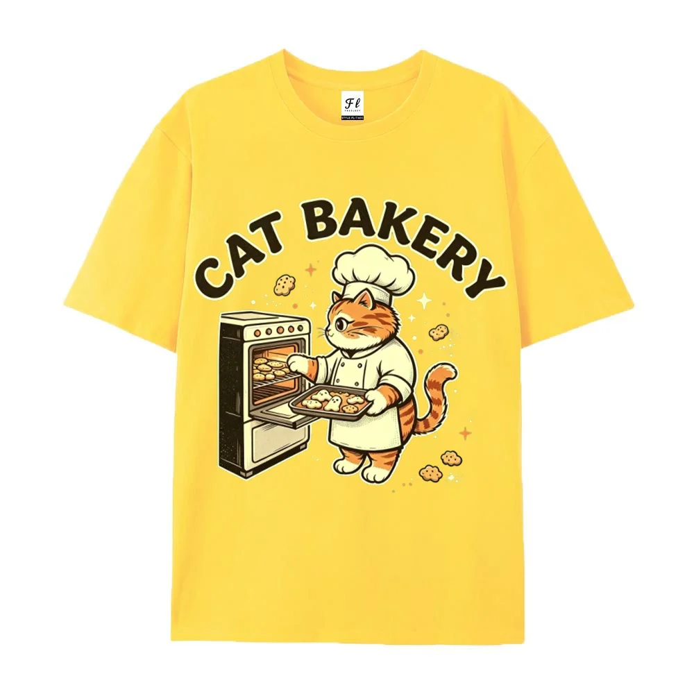 Baked Cat Chef Funny Graphic T Shirt, Cute Cartoon Baking Cat Short Sleeve Casual Unisex Tee Gift for Cat Lovers
