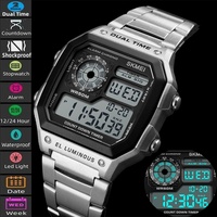 Skmei Dual Time Zone Men's Digital Sports Bracelet Watches Luxury Stainless Steel Band 50M Waterproof Led Chronograph Stop Watch