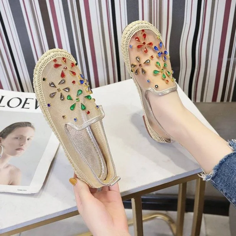 Shoes for Woman 2024 Rhinestone Diamond Flats Cute Women\'s Summer Footwear Round Toe Kawaii Flat with Crystals Stylish Popular A