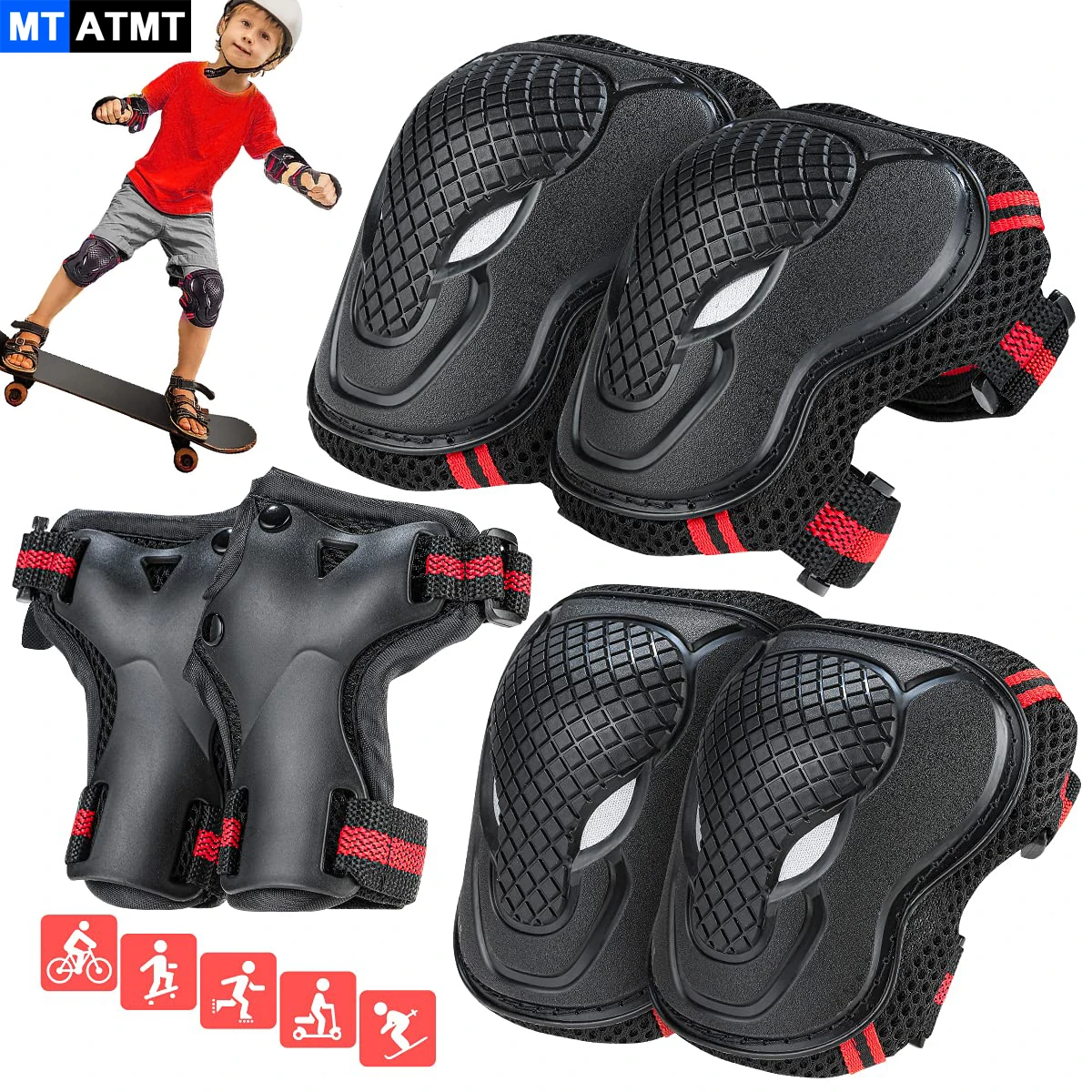 6Pcs Protective Gears Set for Kids Teens Adult Knee Pad Elbow Pads Wrist Guards Safety Protector Kit for Cycling Bike Skating