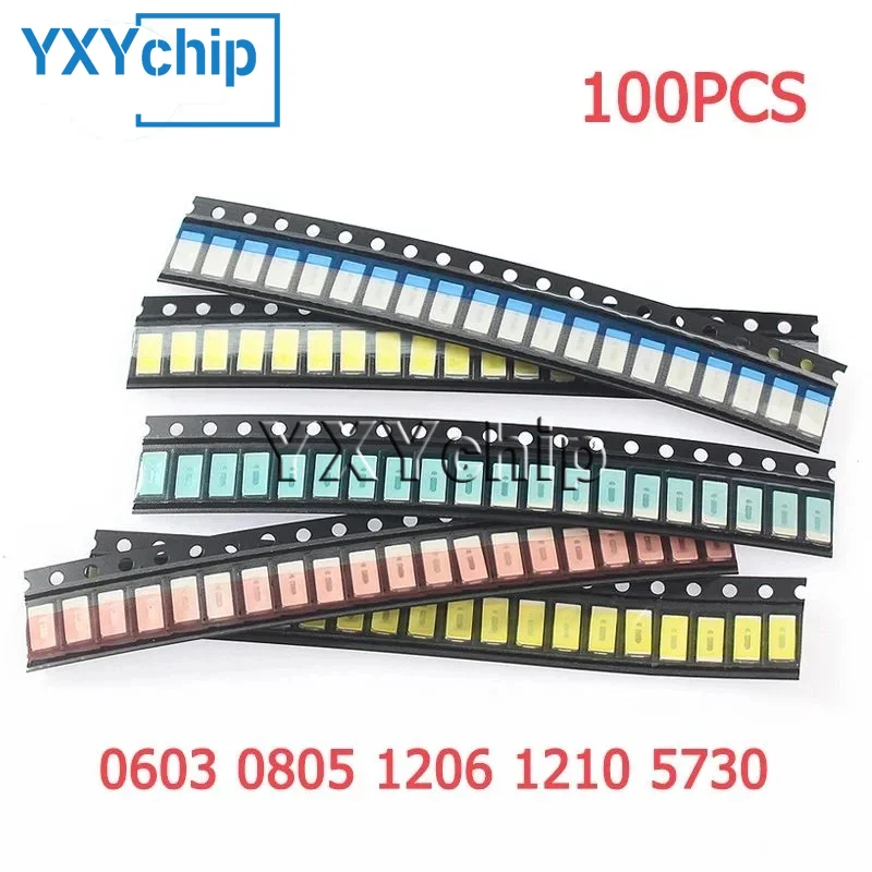 100 Stück = 5 Farben * 20 Stück 0603 0805 1206 1210 5730 SMD LED-Leuchtdioden-Kit Miniatur-LED Rot Weiß Gelb Grün Blau