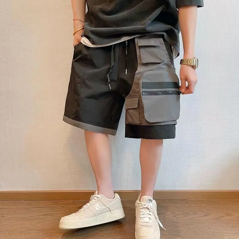 Black and Gray Splicing Wild Fake Two-piece Pocket Work Shorts Men\'s Loose Five Pants Summer Trend Streetwear Basketball Shorts