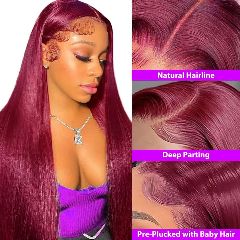 99J بورجوندي 13X6 Hd الدانتيل أمامي خصلات الشعر المستعار الإنسان مستقيم الدانتيل الجبهة الباروكات قبل قطعها 250 الكثافة 30 بوصة قبل قطعها للنساء #3