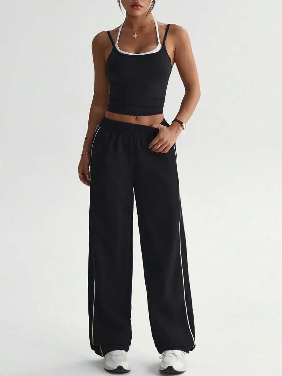 

Womens 2 Piece Sport Set Contrast Color Crop Top And Loose Straight Leg Pants For Yoga Gym Running