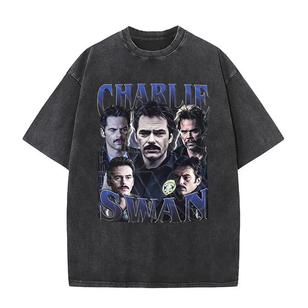 

Washed Vintage Movie Twilight Charlie Swan Graphic T Shirt Man Casual Oversized Tshirt Men Women Gothic Rock T-shirts Streetwear