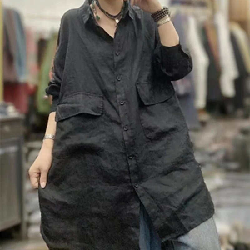 Basic หลวมกลางยาวเสื้อ 2025 ผู้หญิงฤดูร้อนวรรณกรรมกระเป๋าโปโลคอเสื้ออเนกประสงค์เสื้อแขนยาวลําลอง