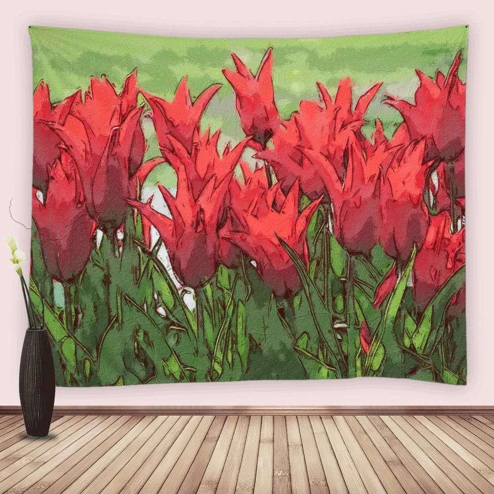 

Oil Painting Red Tulip Floral Tapestry Flower Field Green Leaves Tapestries Dorm Decor Blanket Wall Hanging Art Home Beach Towel