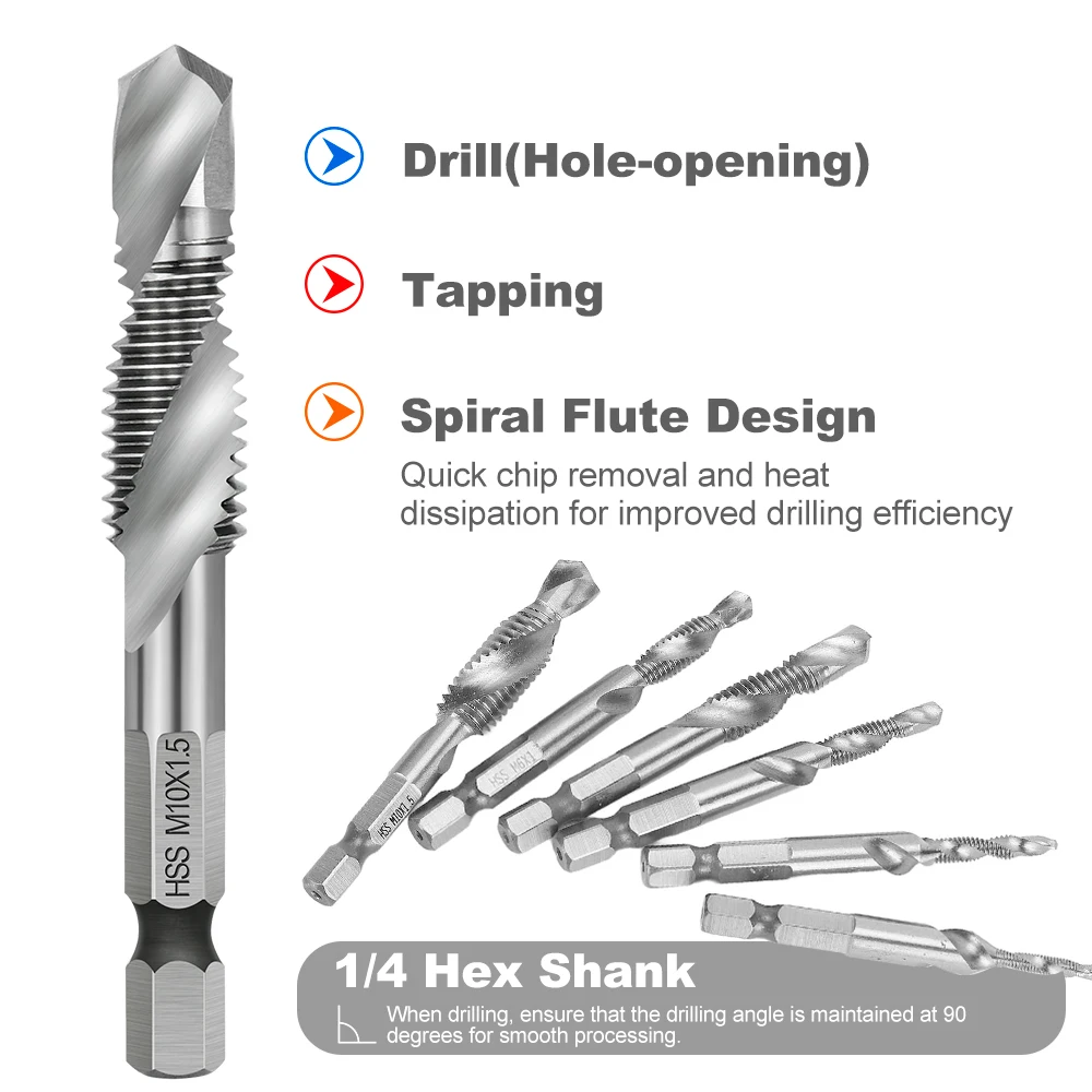 HAMPTON Sechskantschaft, metrischer Gewindebohrer, kombinierter Gewindebohrer und Bohrer, Spiralnut, HSS-Gewinde, Gewindebohrer, Gewindewerkzeug, M3, M4, M5, M6, M8, M10, M12 – Detail 1