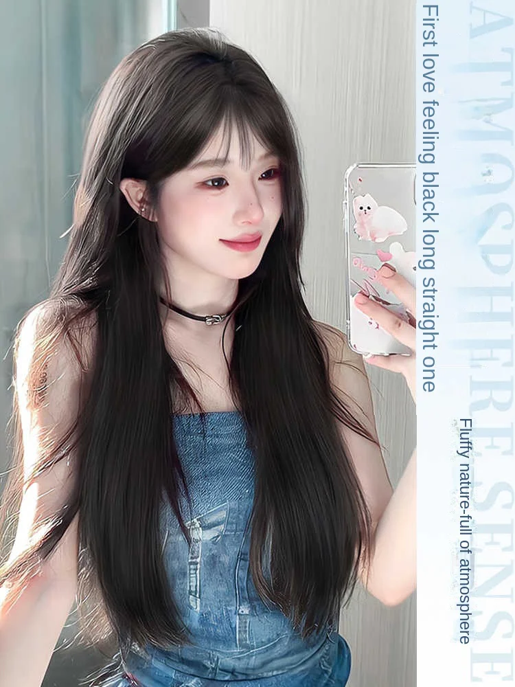 

Black long straight synthetic wig fluffy natural bangs hair women Cosplay Halloween African daily heat resistant full head cover