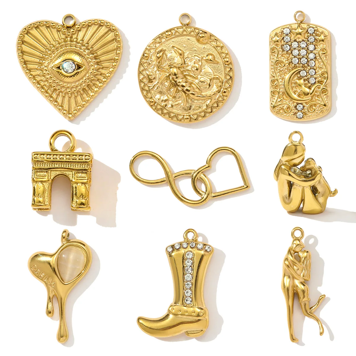 3pcs/Lot Stainless Steel 3D The Triumphal Arch Lovers Pendants Boot Heart Eye DIY Charms Women French Love Dog Dream Jewelry