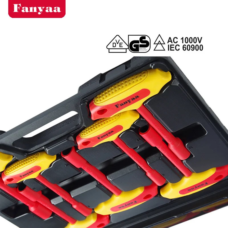 Fanyaa 8-14mm VDE Insulated T-Handle Nut Hex Key Wrench Sets 7pcs Electricians Tools 1000V AC Made In Taiwan