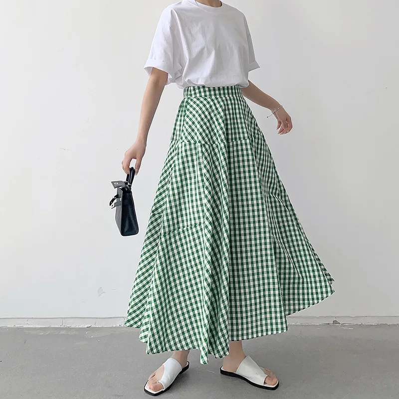 

Korean Style Colored Plaid A-line Long Cotton Skirts