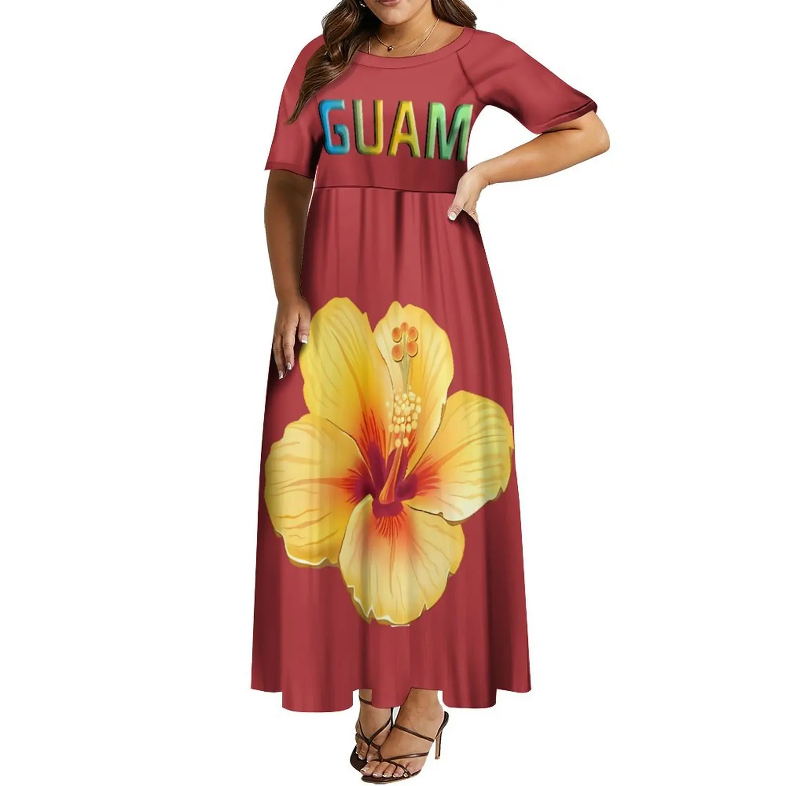 

Hot Women'S Round Neck Short-Sleeved Dress Fashion Long Skirt Custom Text Logo Hawaii Samoa Tonga Fiji Polynesian Print
