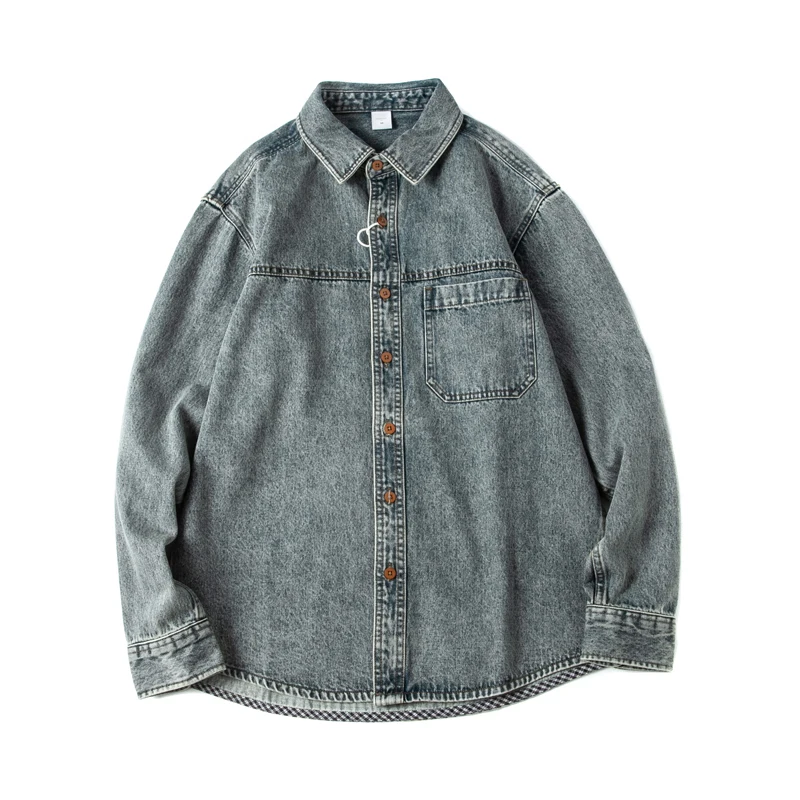 

American Retro Washed Distressed Utility Denim Shirt Men's Unisex Casual Long Sleeve Workwear Shirt Jacket for Spring Autumn