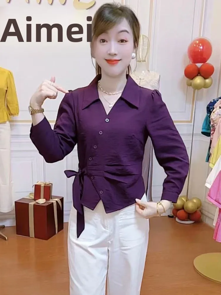 

Casual Sle Loose Fit Women's irt Spring Autumn Trendy Outerwear Slimming High End Faion V Ne Long Sve Breathable