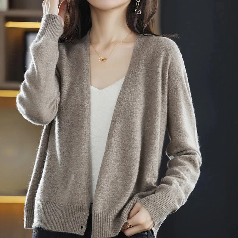 Spring And Autumn New V-Neck Loose Knit Sweater Thin Casual Fashion Long Sleeve Top Solid Color Slim Fit Women\'S Cardigan