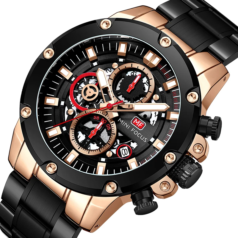 MINI FOCUS MF0398G Sports Fashion Watches Men Chronograph Waterproof Blue Stainless Steel Band Quartz Watch