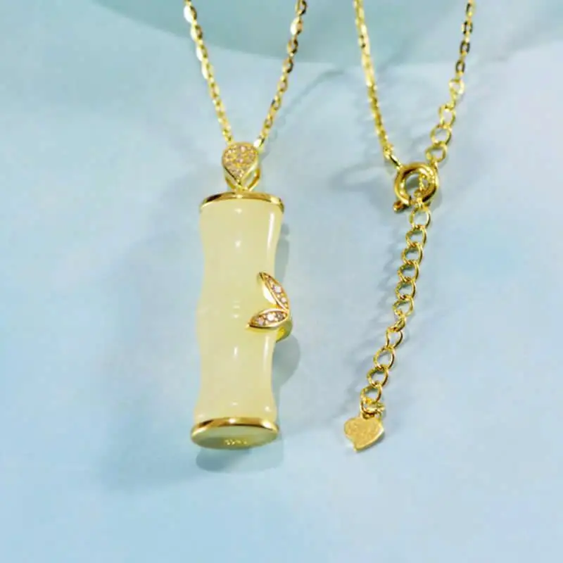 Natural White Jadeite zircon Bamboo Necklace Pendant Women Pendant