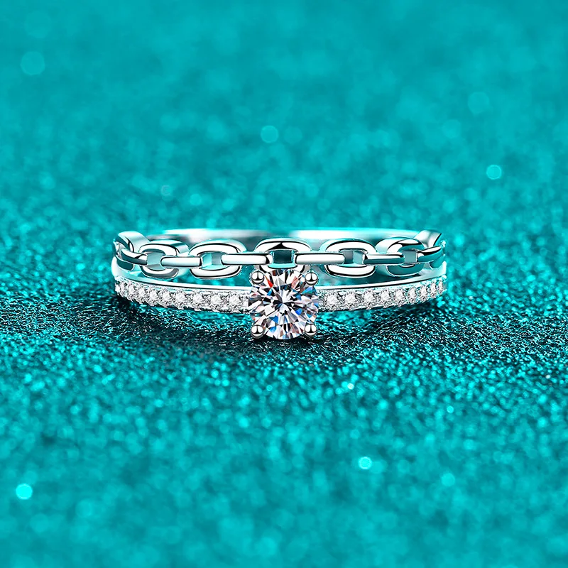Elegant PT950 Platinum All Moissanite Rings for Women, Double-Layer Chain Diamond-Studded Ring, Small and Versatile Daily Gift