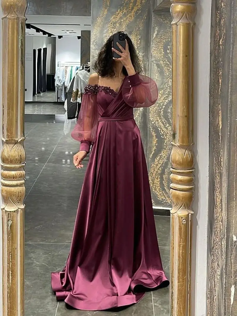 

Fuchsia Beads Long Party Dress Puff Long Sleeves Floor-length Off Shoulder Prom Dresses 2023 فساتين مناسبة رسمية Vestidos De