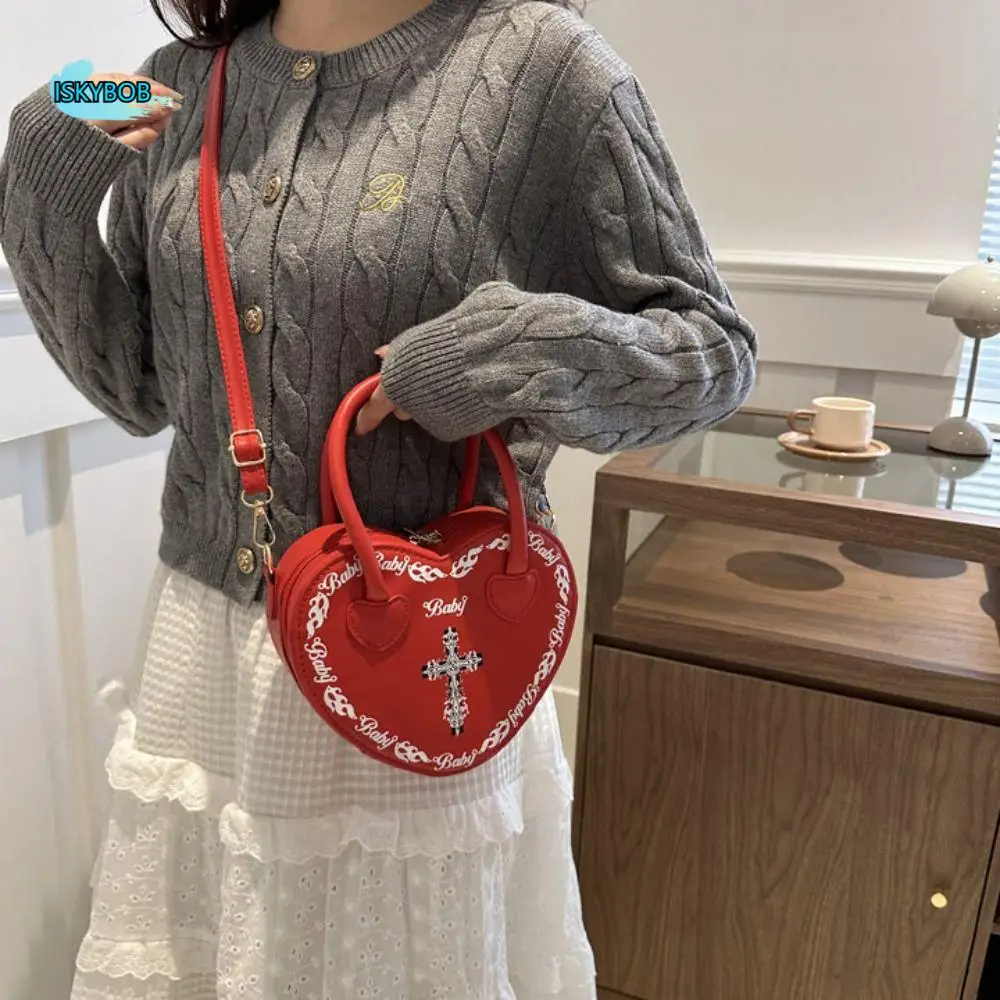 

PU Leather Heart Shaped Shoulder Bag Handbag Letter Print Cross Crossbody Bag Coin Purse Wallet Zipper Punk Small Tote Bag