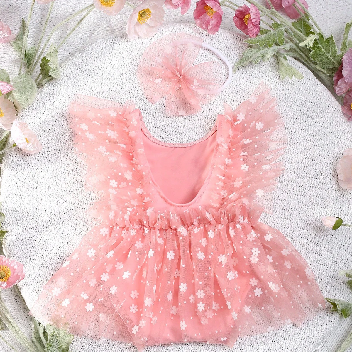 Ylsteed Pink Snow Print Newborn Photography Outfits Girl Infant Mesh Lace Romper with Bow Headband Newborn Photo Shoot Props