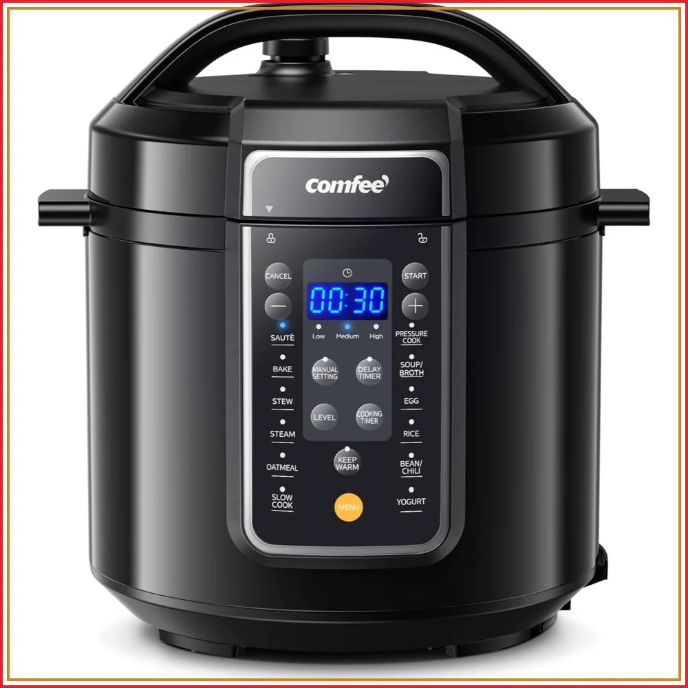

12-in-1 Electric Pressure Cooker, Non-Stick Pot, Yogurt Maker, Rice Cooker, Slow Cooker, Sauté, Steamer, 6 Quart Black