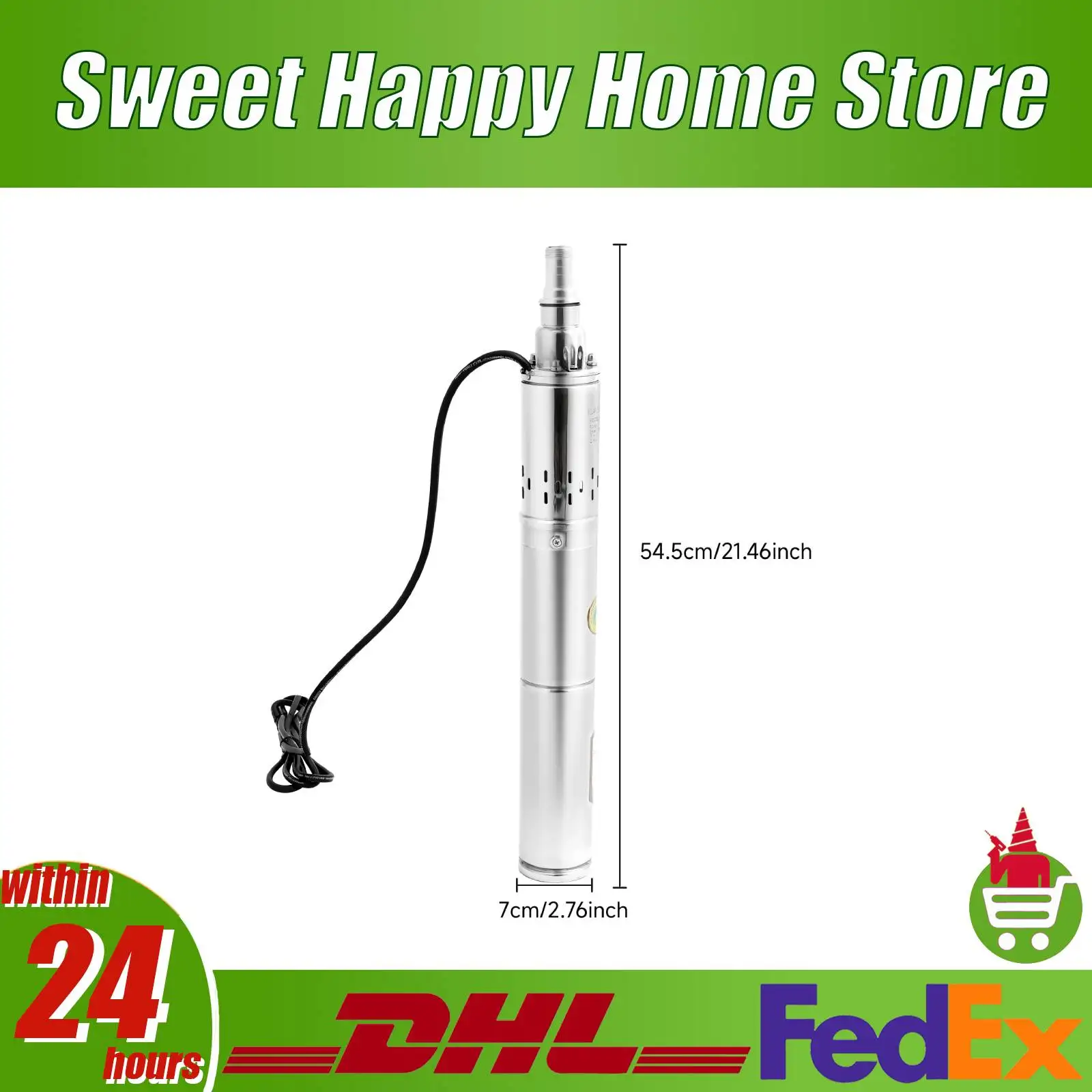 

Deep Well Pump 24V370W 0.37KW Pure Copper DC Motor 2850RPM Stainless Steel Cylinder for Irrigation Landscaping Cleaning