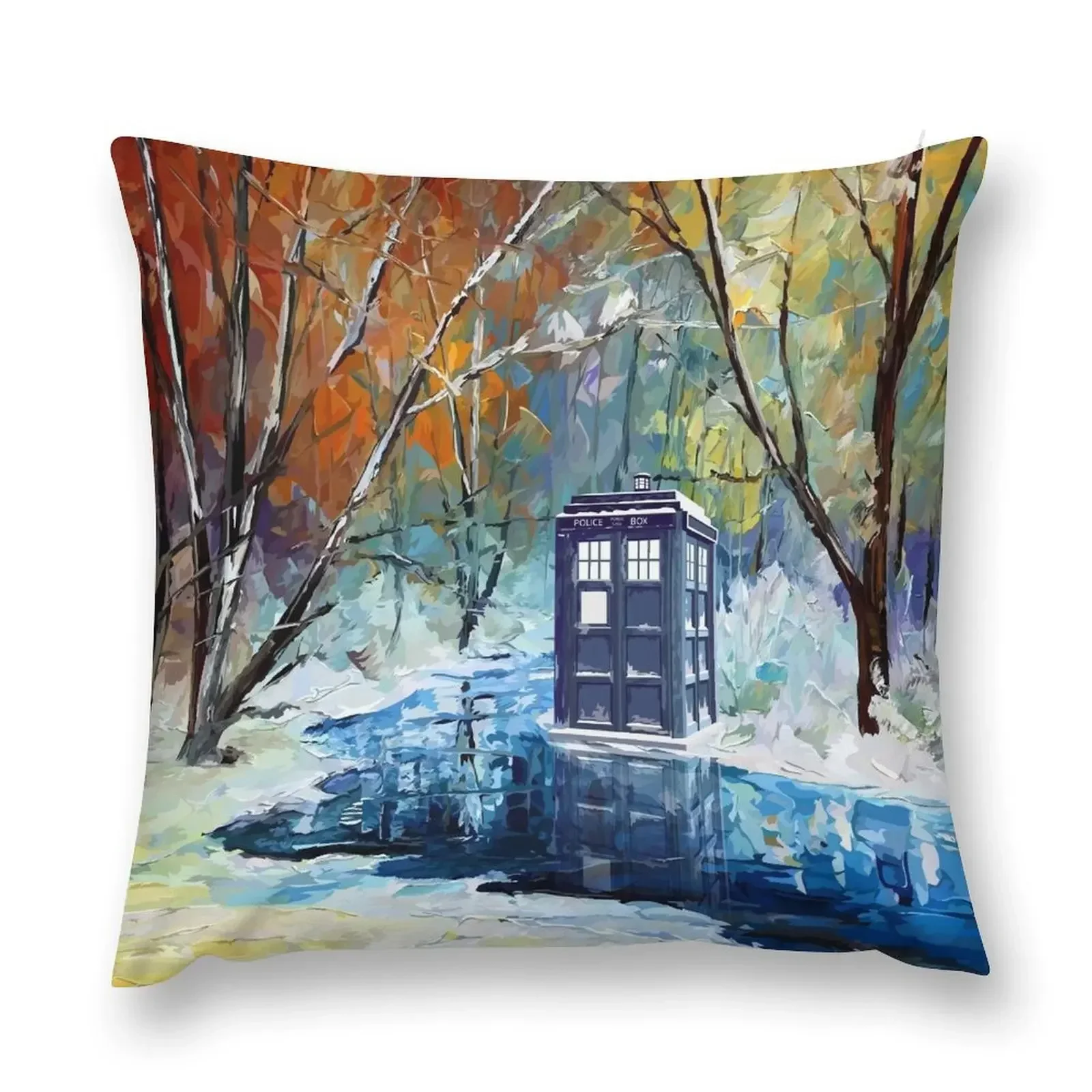 

Blue Phone booth with winter views Throw Pillow Sofa Cushions Covers Couch Pillows pillow