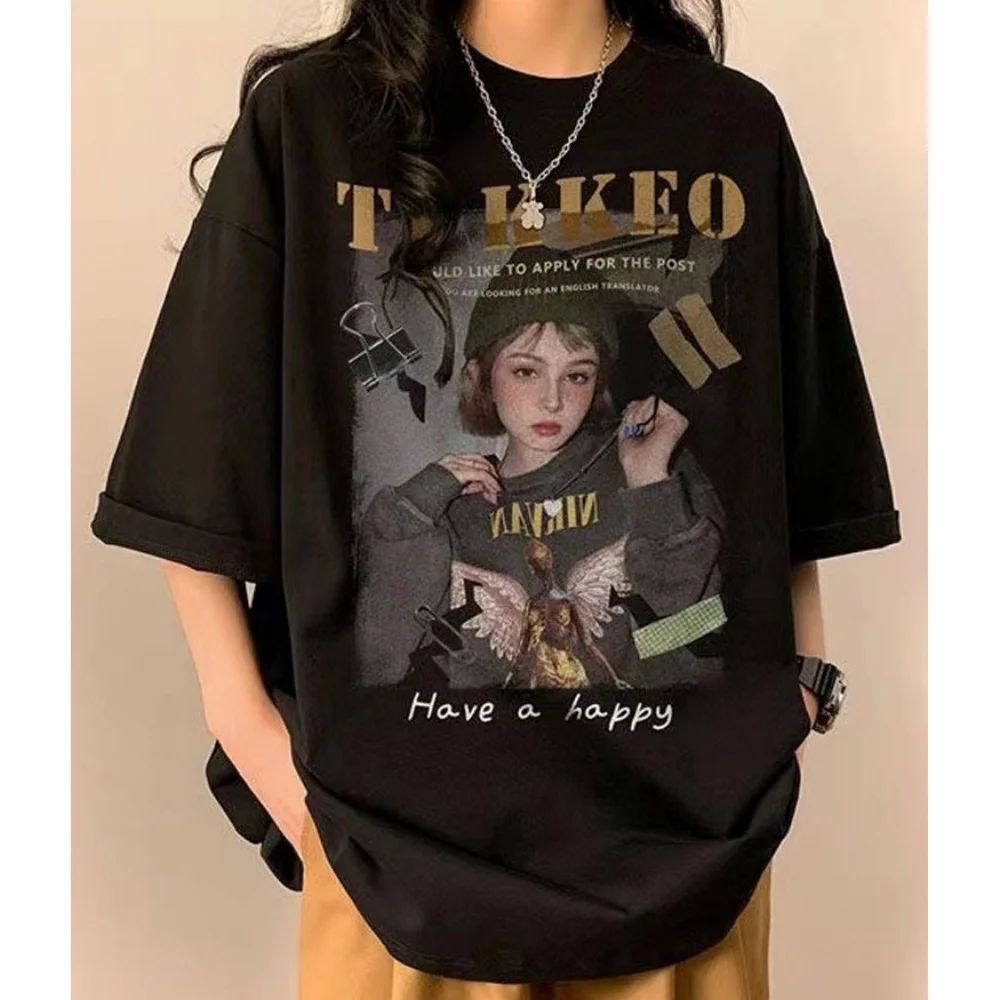 

Женская футболка с короткими рукавами в стиле ретро — свободный круглый вырез, корейская мода, мягкая, повседневная, модная, винтажные Vibes, Summer Essentia