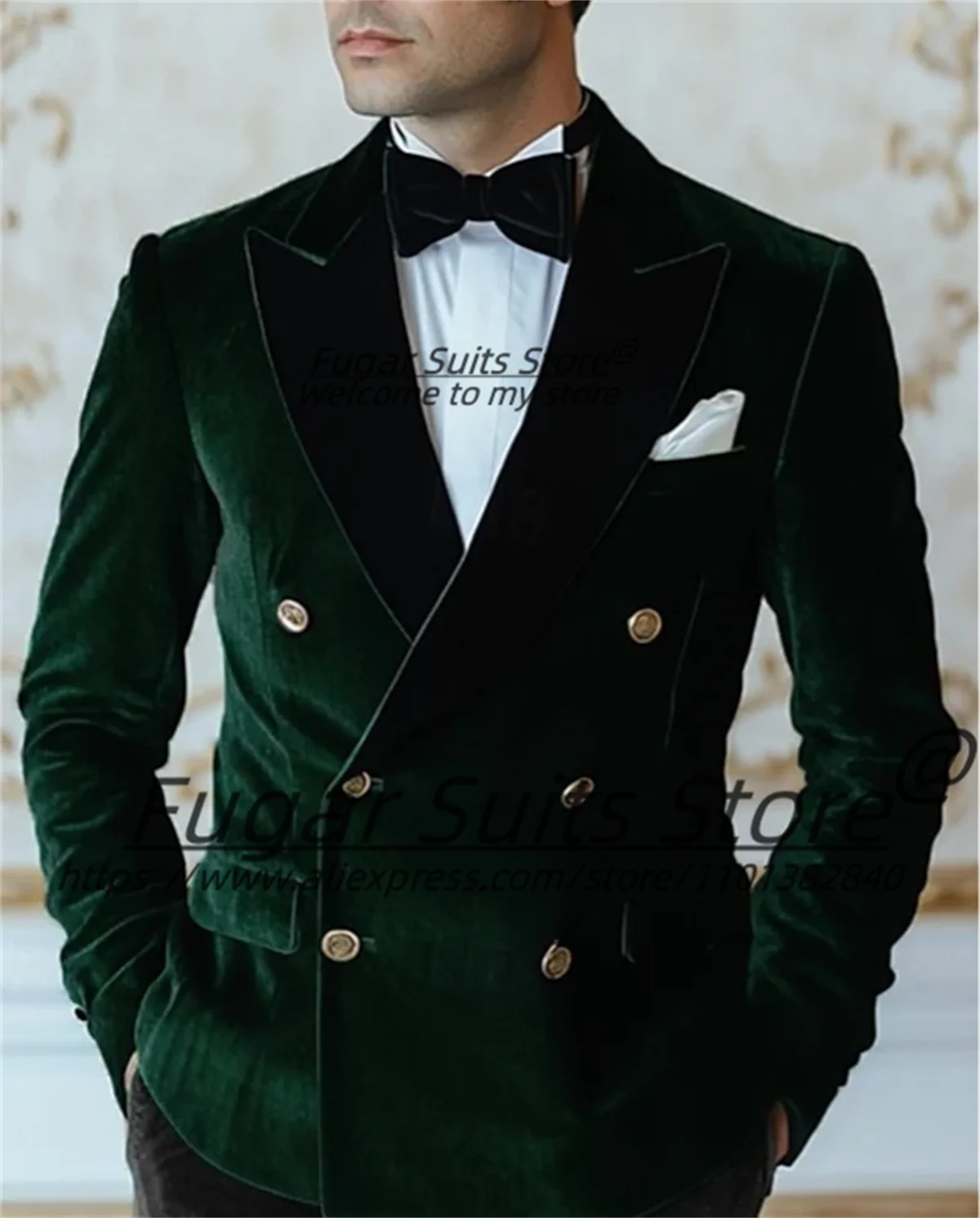 

Luxuly Elegant Green Velvet Men Suits Slim Fit Double Breasted Groom Tuxedos 2 Pieces Sets Handsome Male Blazers Ropa Hombre