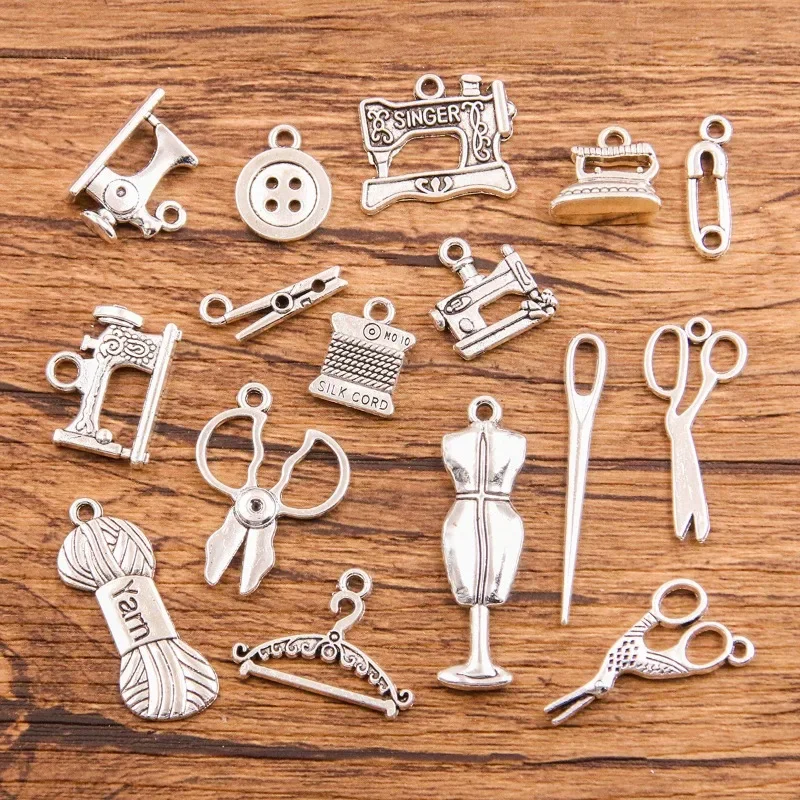 Cynk Antyczny srebrny kolor Motyw szycia Charms Clip Thread Linijka Wisiorki dla DIY Naszyjnik Bransoletki Biżuteria