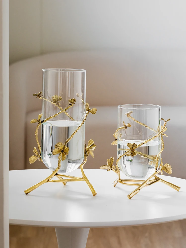 Vase Light Luxury Brass Glass Ginkgo Leaf Suitable for Living Room TV Cabinet With Hydroponic Plant Classical Desktop Decoration