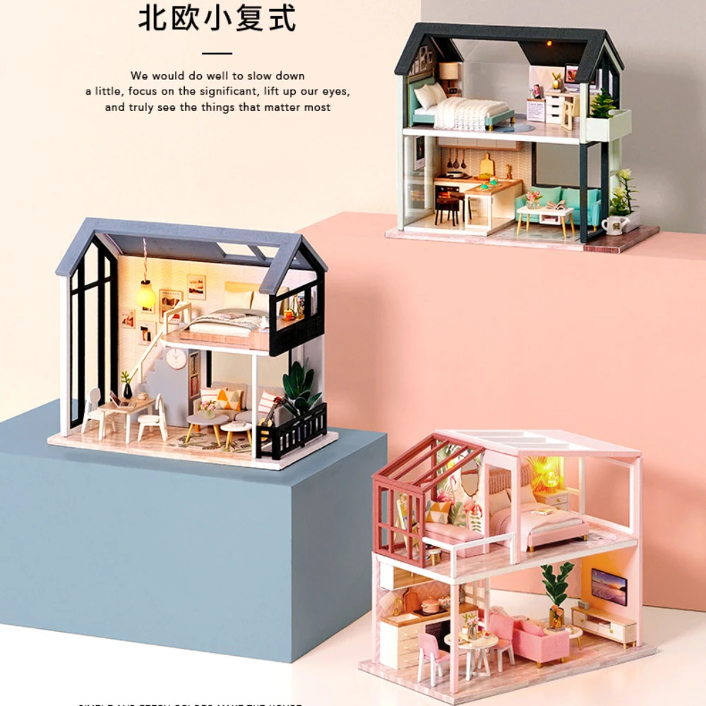 

DIY Dollhouse Handmade Nordic Simple Duplex Built-up Cottage Miniature Building Kit with Furniture Bedroom Doll Houses Gift Toys