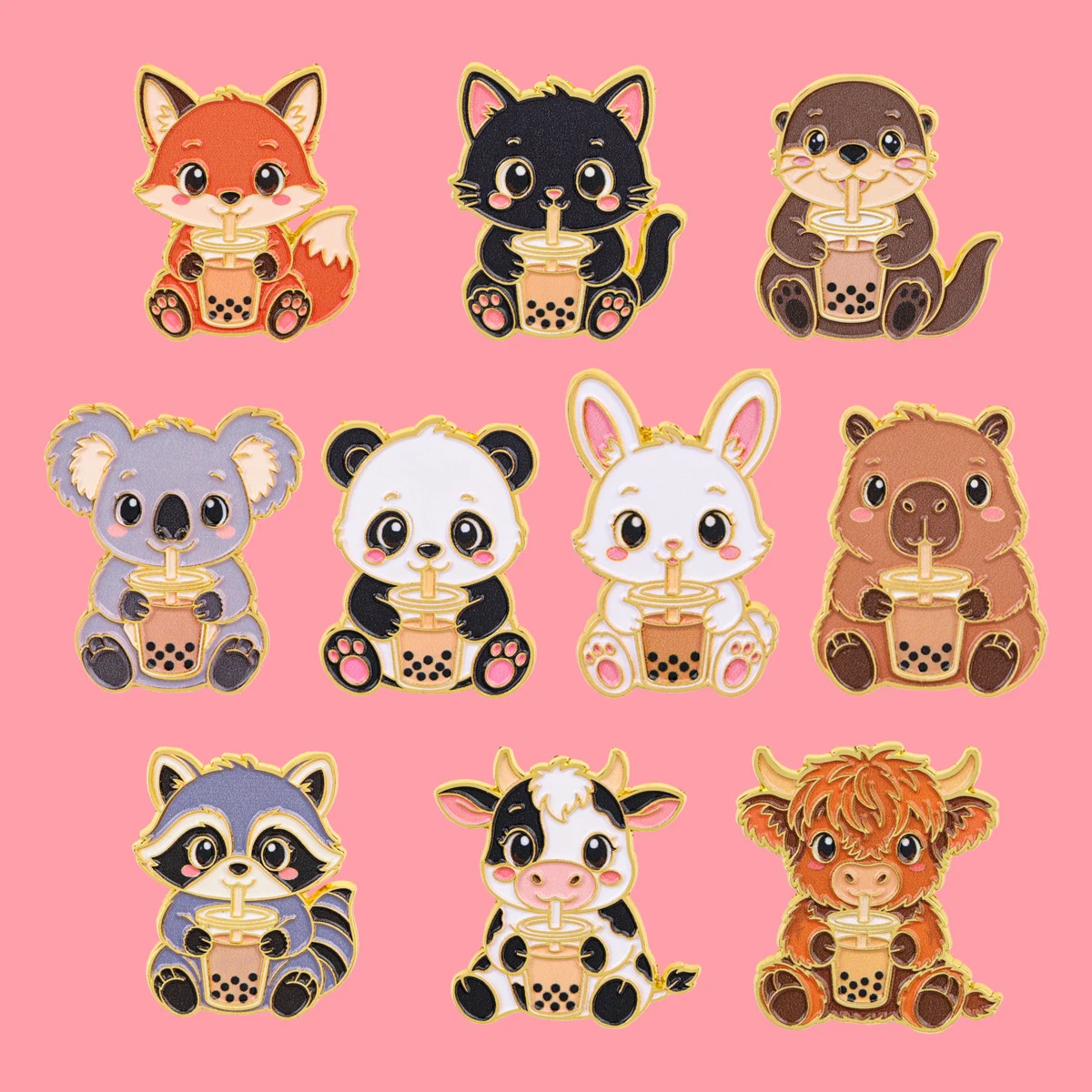 10pcs Lovely Kawaii Bubble Tea Animal Enamel Pin Set Fox Cat Panda Cow Brooch Lapel Pin Badge Accessories Fashion Jewelry Gifts
