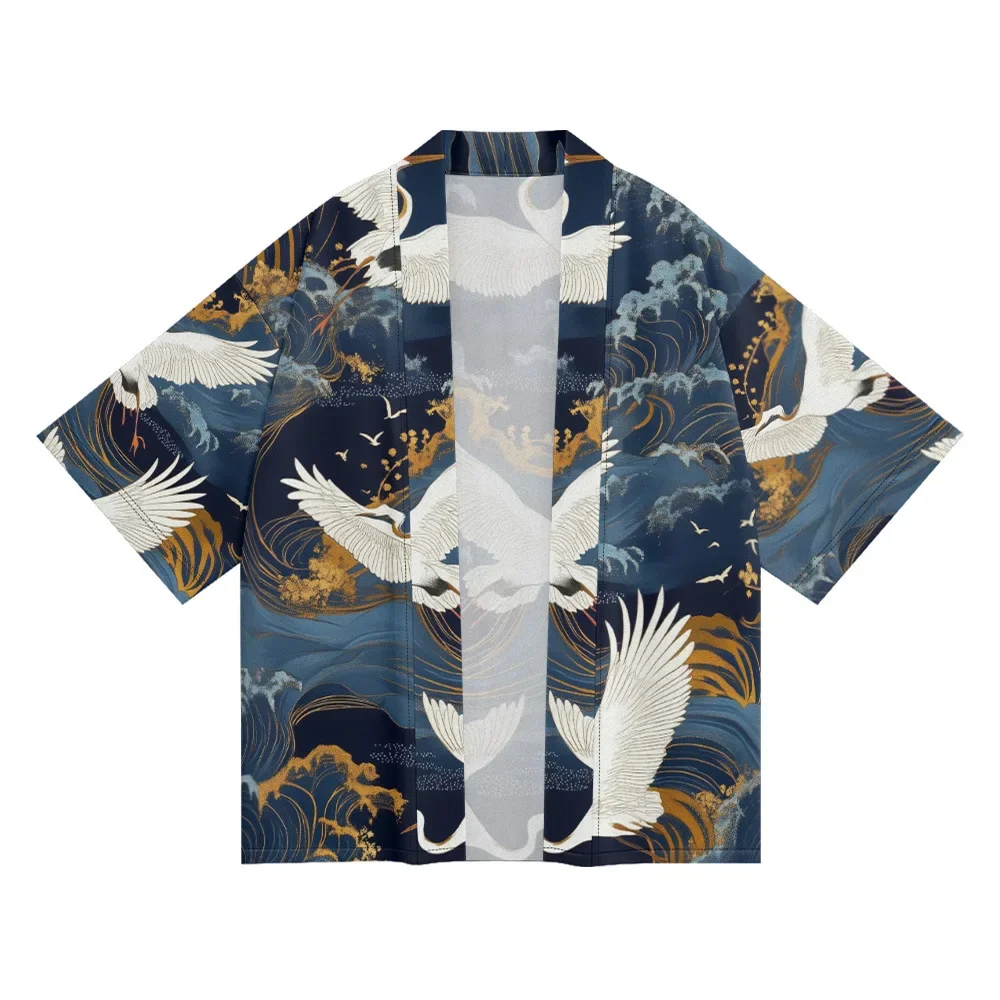 

Винтажный стиль, одежда Haori с принтом журавля, модный повседневный кардиган, кимоно, лето 2029, пляжная рубашка, женская юката, японская