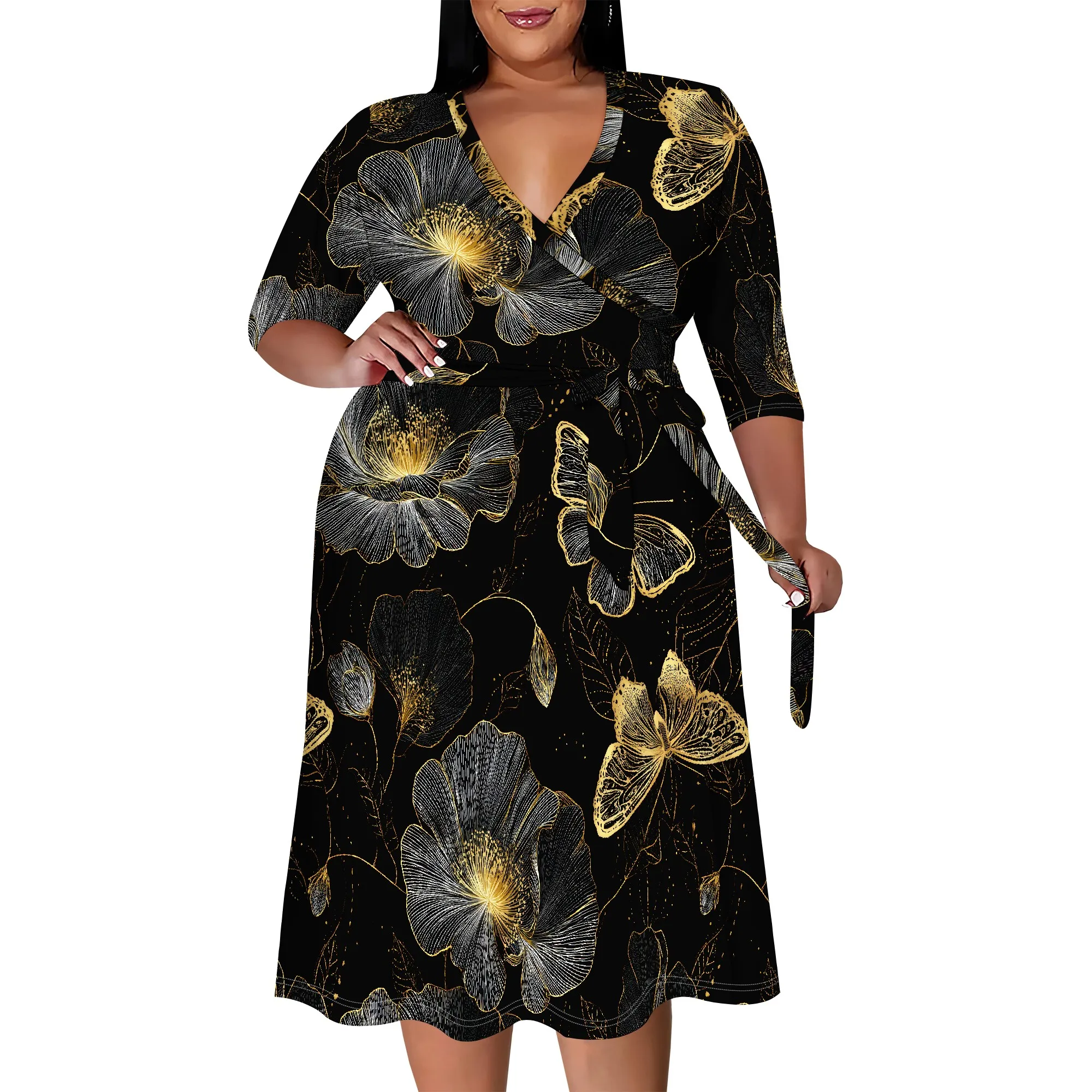 

Plus Size Dress for Women Summer Casual Camouflage V Neck 3/4 Sleeves Midi Dress Wrap Empire Waist Beach Sundress with Belt