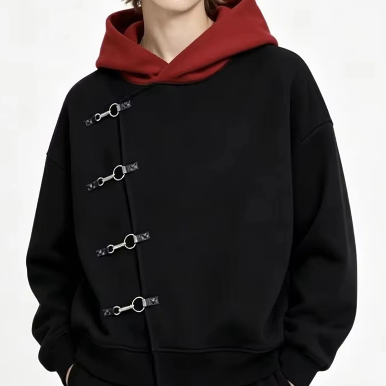 Autumn and Winter Men's Retro Street Style Single Breasted Design Loose Shoulder Casual Hoodie