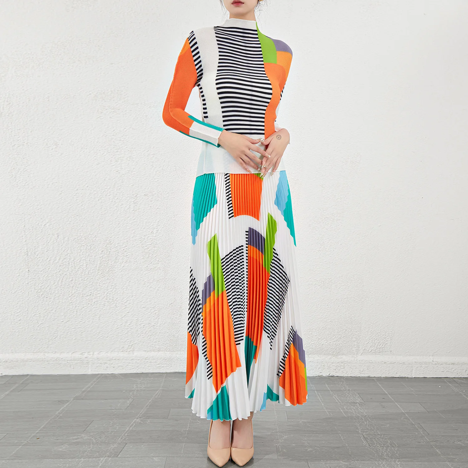 

European and American Style Contrast Temperament Long Sleeve T-shirt Top Mid-length Skirt Women's Autumn 2023 New Fashion Suit