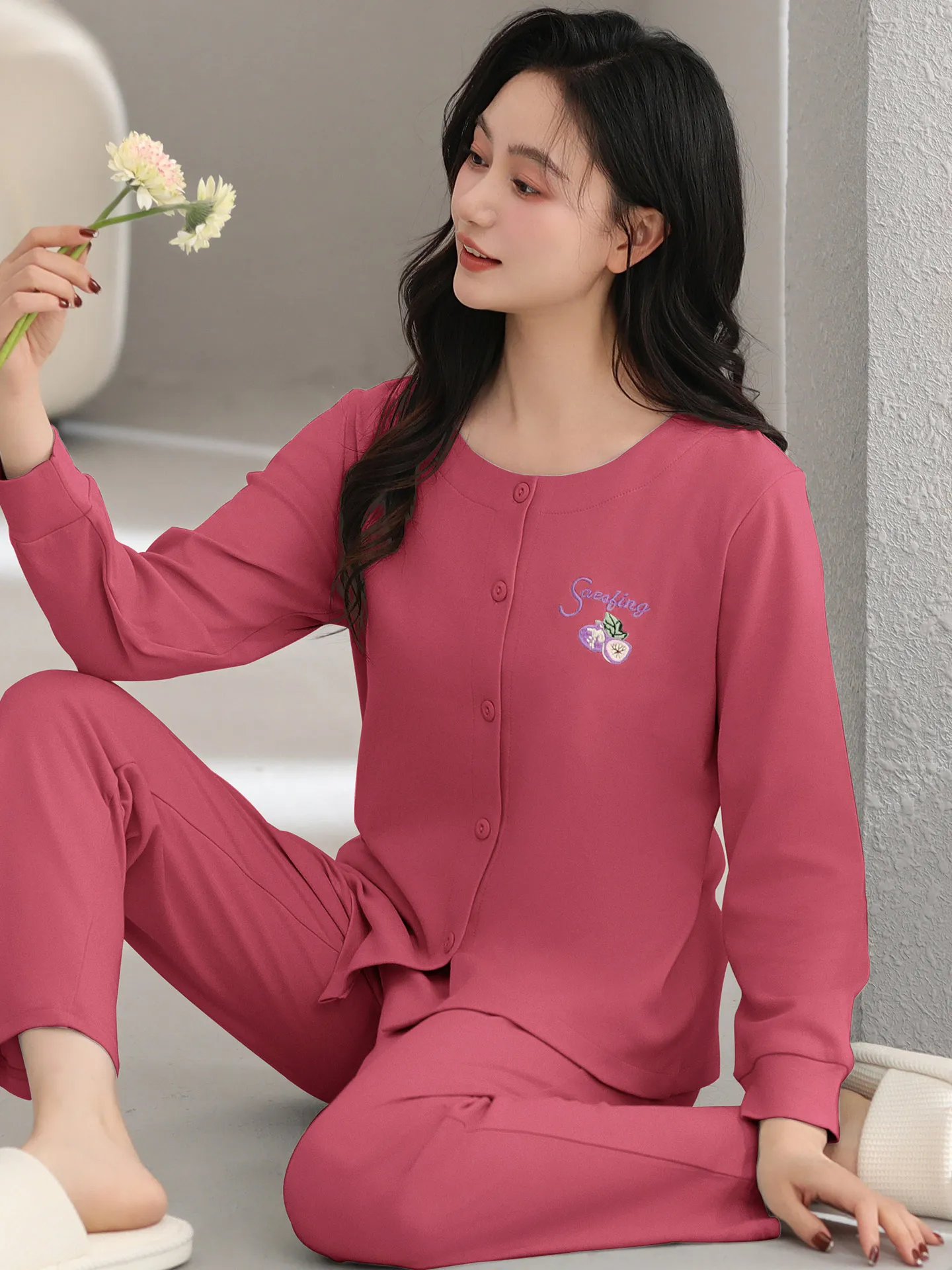 pure-cotton-spwear-long-sve-round-ne-home-clothes-set-for-women-spring-autumn-comfortable-breathable-mom-clothes