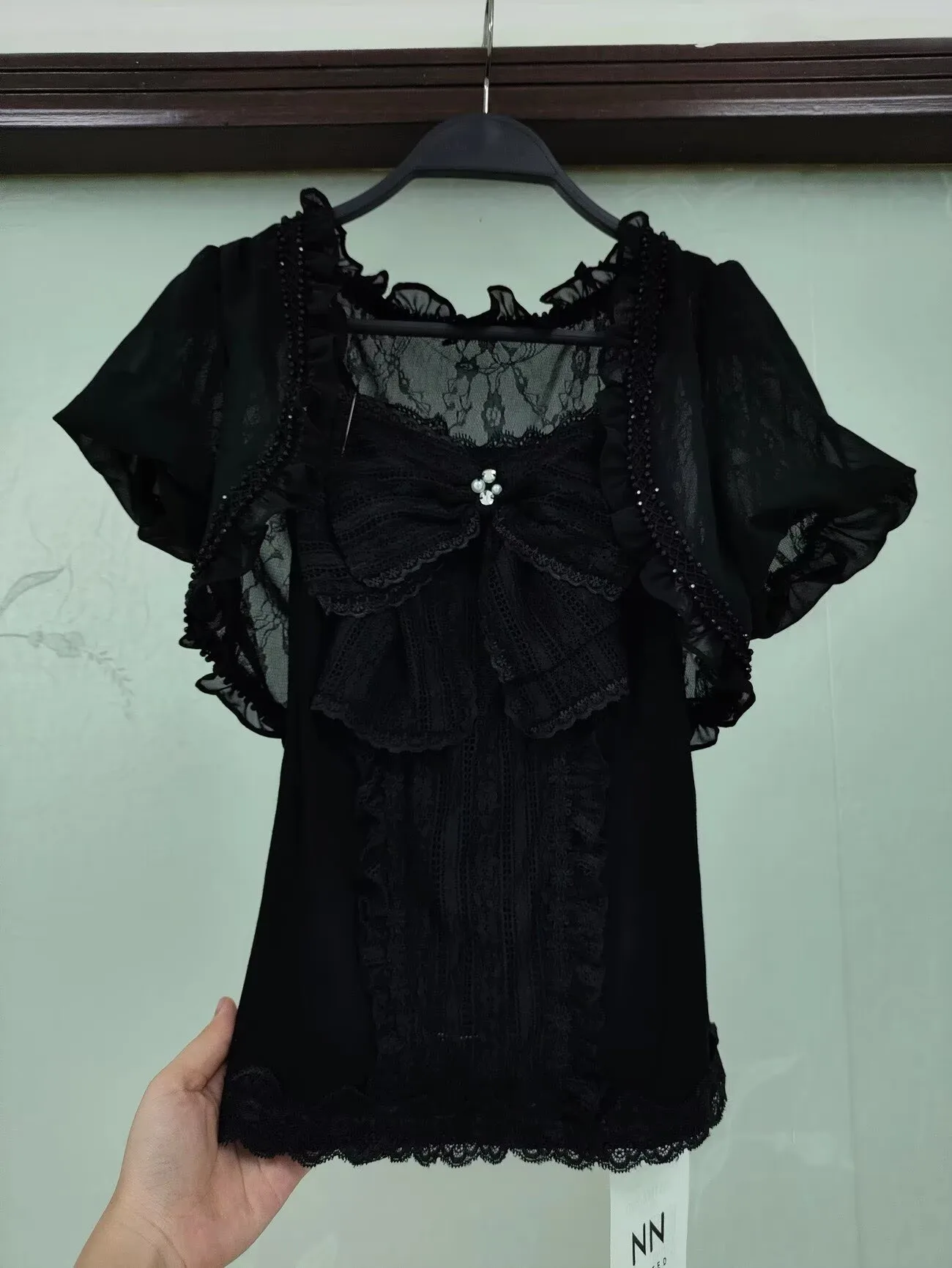 Aesthetic Gothic Lolita Black Lace 3 Piece Skirt Set Women Puff Sleeve Cardigan+Bow Cami Y2K Tops+Cake Mini Skirt Kawaii Outfit
