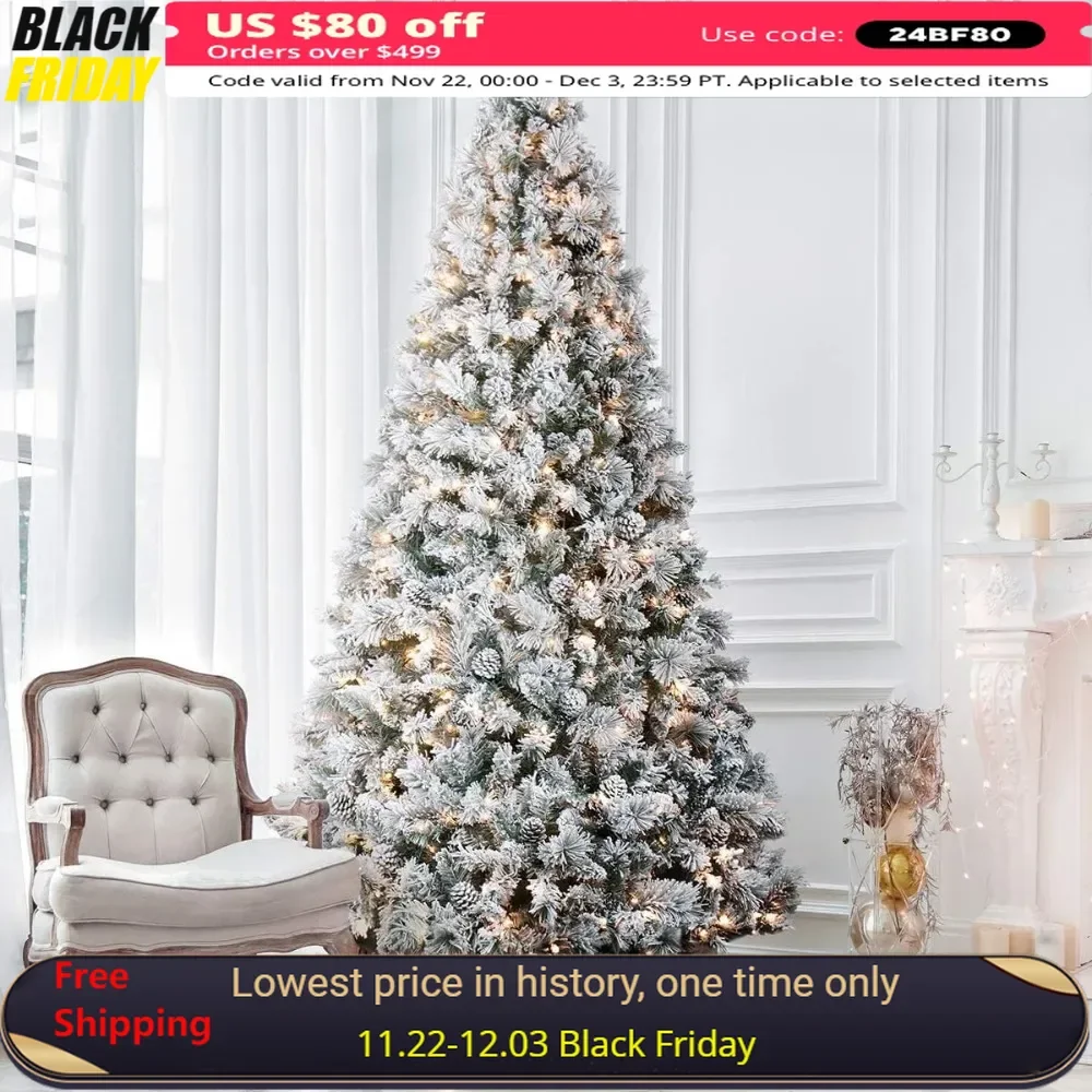 9FT Christmas Tree, Pre-lit Artificial Christmas Trees with Incandescent Warm White Lights, Snow Flocked Prelighted Xmas Tree