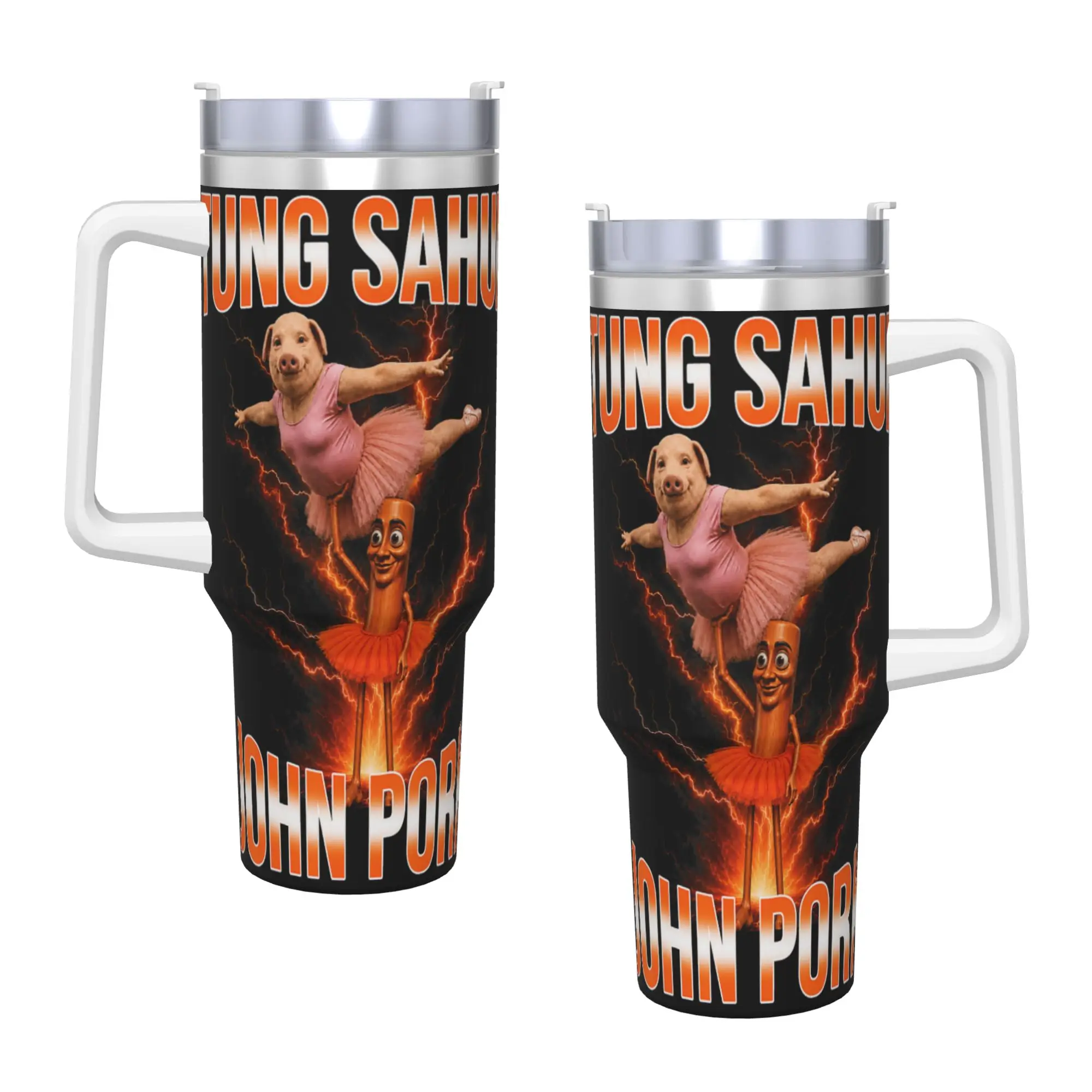 Funny John Pork and Tung Tung Tung Sahur Dance Humor Meme Stainless Steel Tumbler  Beach Car Mugs Large Capacity Thermal Mug