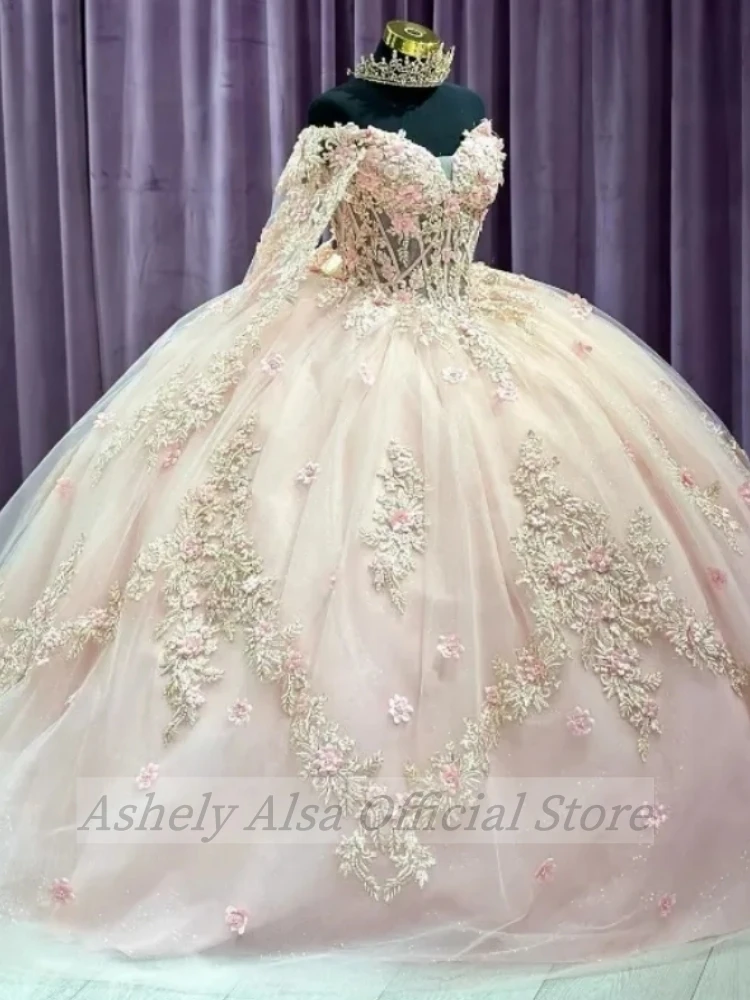 Vestido de quinceañera árabe de México para niña, vestido de baile rosa para niña de 16 años, con cuentas, flores 3D, vestido de fiesta de graduación con capa, vestidos de fiesta de cumpleaños