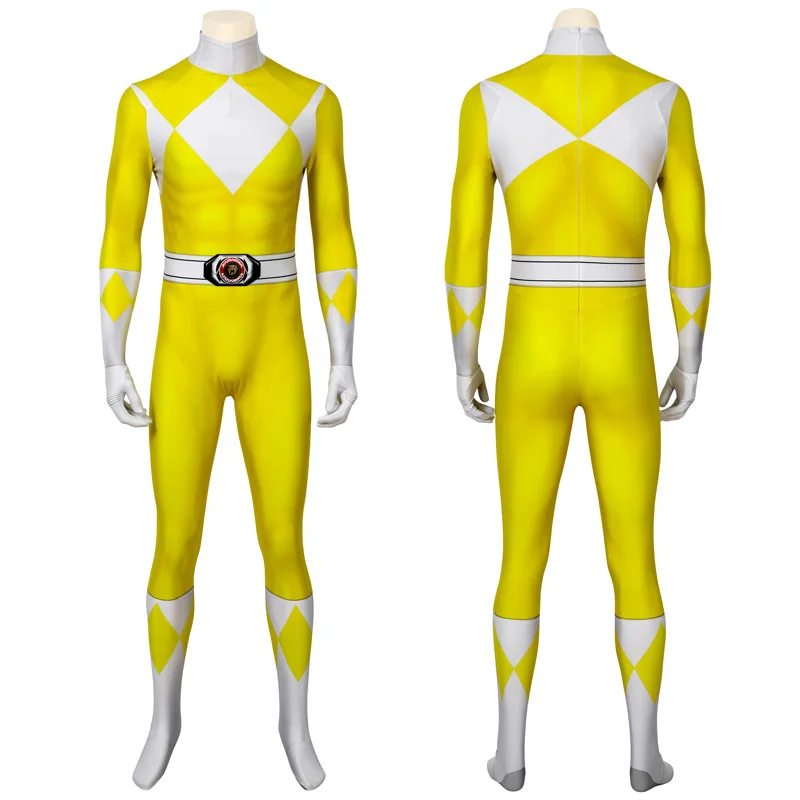 Adult Ranger 3D Printing Jumpsuit Carnival Cosplay Costume Zentai Boy Yellow Ranger Halloween High Quality Bodysuit With Hat