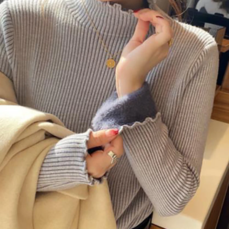 HELIAR Women Ruffles maglione con collo a lupetto addensare autunno Fleece caldo Pullover termico maglione di cachemire per le donne 2024 inverno