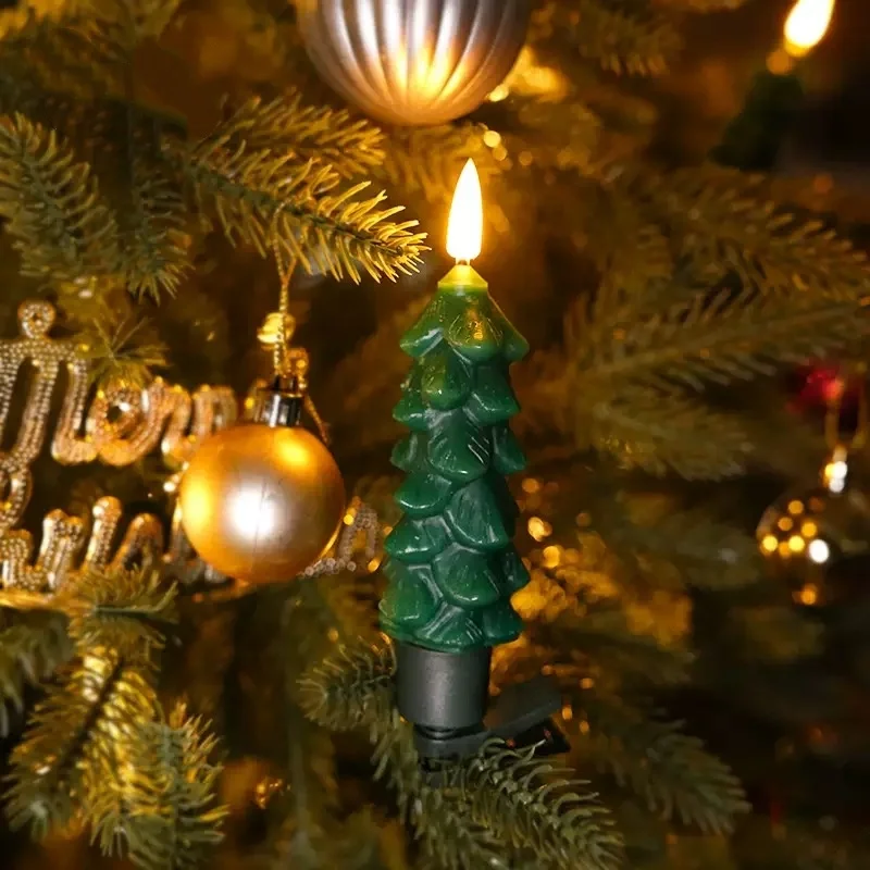 

6 flameless LED Taper green Candles 3D Wick w/Clip-on Christmas Tree Design 10 Key Remote controller Reel wax Battery Operated
