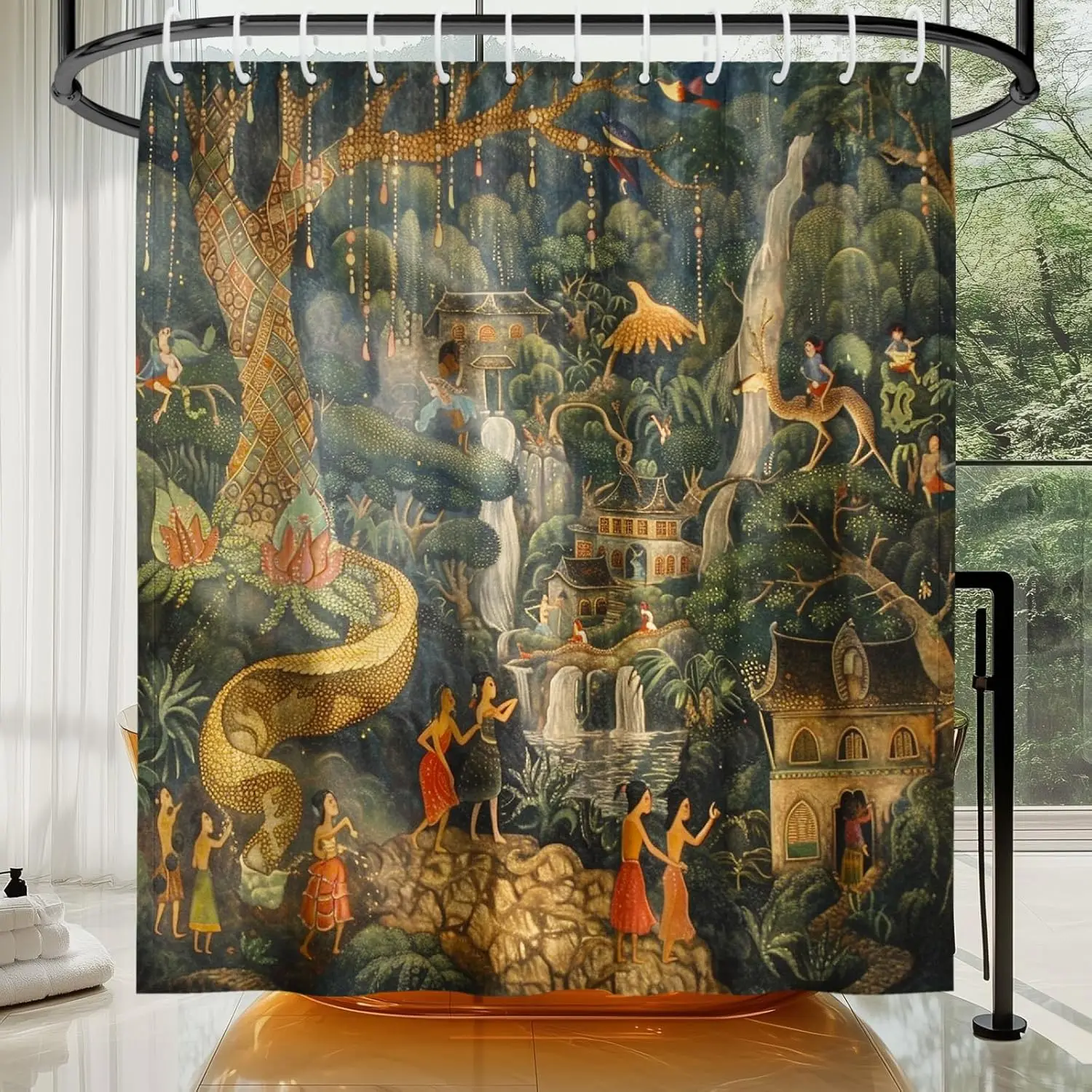 Jaipur Cortina de ducha de jardín, decoración de baño estilo pintura india, cortina de tela impermeable con ganchos, boho floral vintage
