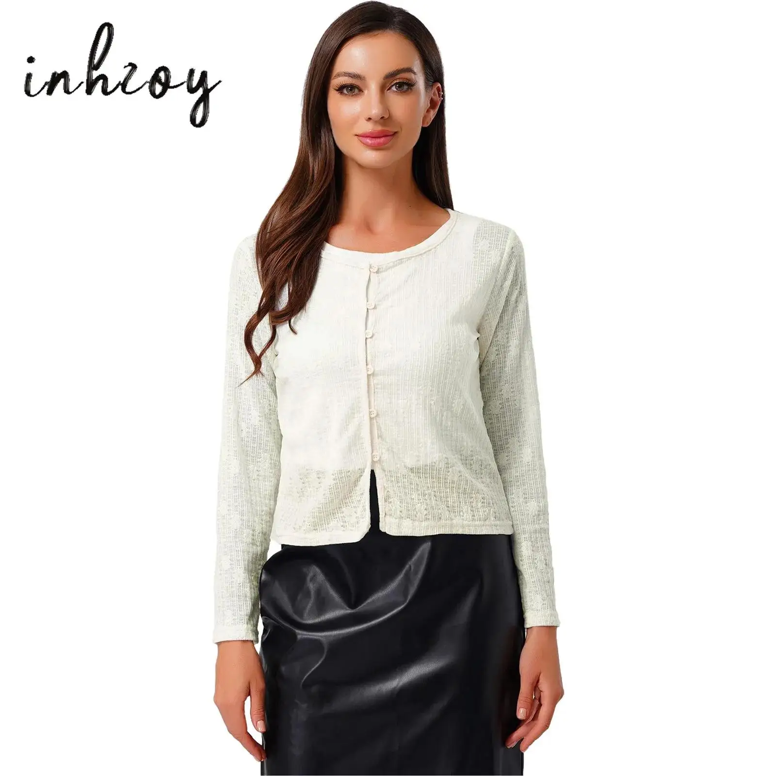 

Womens Cardigan Exquisite Jacquard Long Sleeve Crew Neck Button-up Shrugs Bolero Cover Up Blosue for Vacation Beach Shopping
